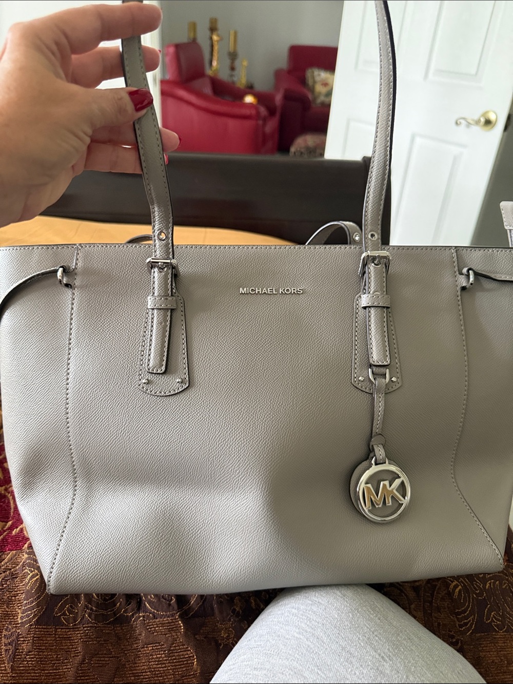 Michael Kors Light Gray Saffiano Tote with MK Charm